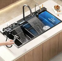 Éviers de cuisine intelligents en acier inoxydable SUS304 avec cascade LED, cuve simple multifonctionnelle avec lave-tasses, éviers pour cuisines et projets commerciaux