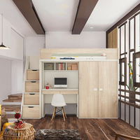 Lit superposé avec toboggan et espace d'étude - Lit superposé multifonctionnel avec bureau et tiroirs de rangement