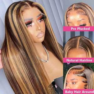 Peluca de Cabello Humano Virgen Natural con Reflejos Rubios Marrones, Ondulado, Pre-Desplumada, con Encaje Frontal Transparente HD - Product Image 5