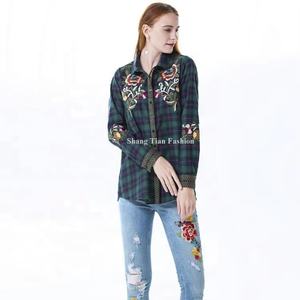 Blusa de Moda para Mujer, Camisa Bordada y Blusa de Algodón a Cuadros, OEM, Manga Larga - Product Image 1