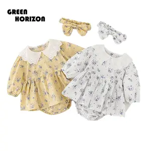 Groene Horizon Pasgeboren Jumpsuit Meisjes Bloemenkanten Romperrok 0-2 Jaar Oude Katoenen Romperjurk Met Lange Mouwen Voor Babymeisje