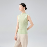 Atasan Lipit Warna Hijau Mint Tanpa Lengan Kerah Mandarin Model Tank Top Basic Elegan Ramping Serbaguna Kasual Wanita