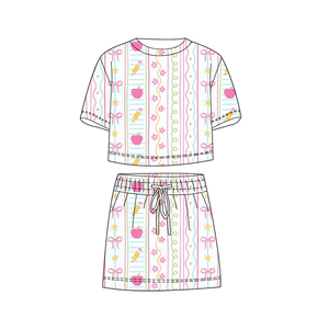 Conjunto de Verano 2026 al por Mayor para Niñas: Top de Manga Corta con Estampado de Lazo Azul y Pantalones Cortos, de Poliéster Suave y Elástico - Product Image 3