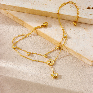 <b>Moon</b> Star Drop Double Layer Anklet Stainless Steel Gold Tone Paved <b>Crystal</b> Crescent Charm Round Rhinestone Bead Women Jewelry - Product Image 3