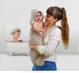 Veilige gekamde katoenen badcape met capuchon voor peuters - absorberende badschort, zachte badwikkel voor <span class=keywords><strong>baby</strong></span>'s - Product Image 1