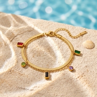 Bracelet Serpent QIAOREN 13772 Double Couche à Motif Chevron Plat avec Breloques CZ Multicolores Rectangulaires et Rondes, Zircon Péridot