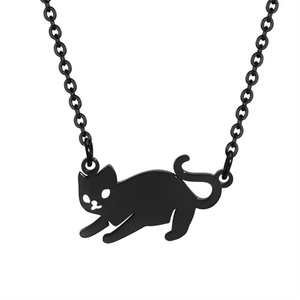 Collier mignon en acier inoxydable plaqué noir avec pendentif chat animal - Product Image 1