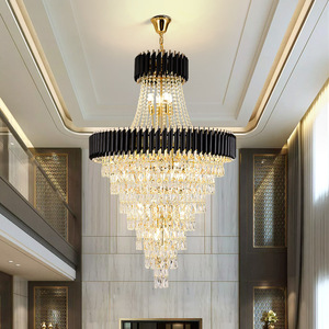 Lámpara de Araña Moderna de Lujo con Cristales LED, Forma de Tambor Dorado y Negro, Tamaño Grande para Vestíbulo de Villa, Oficina en Casa - Product Image 1