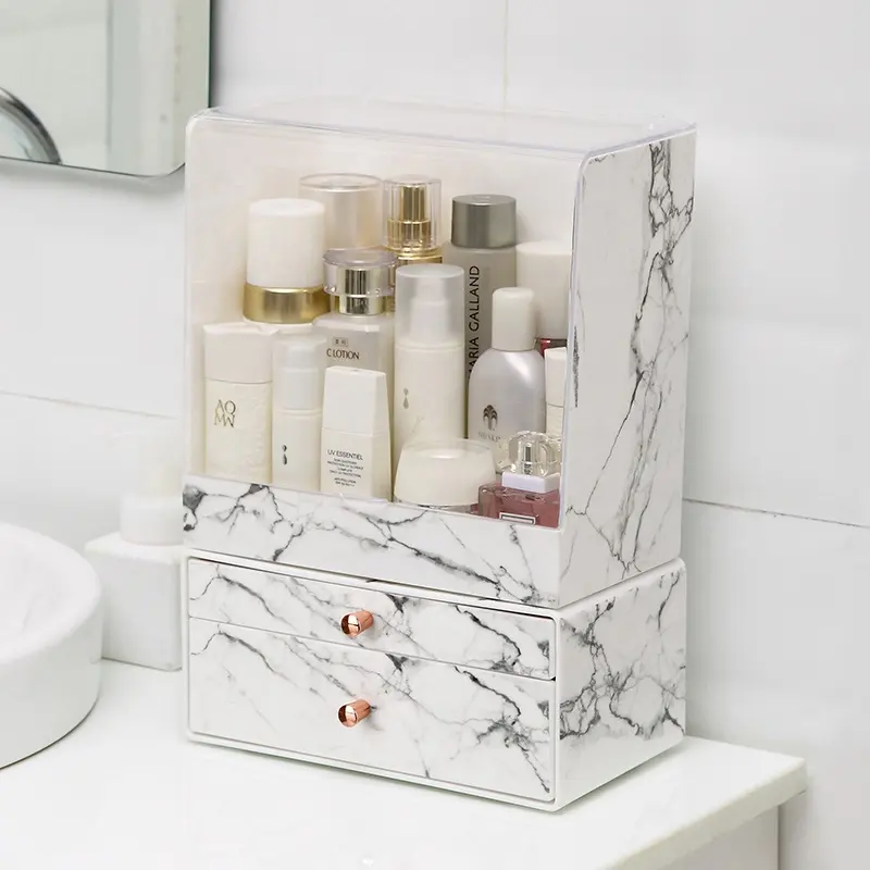 Wholesale Plastic Household Dustproof Reusable Cosmetic Desktop Rose Gold Marble Makeup Organizer For Bathroom And Bedroom