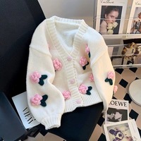 Pulls en tricot à manches longues pour femmes avec fleurs 3D personnalisées, colorés, tricot intarsia, broderie, cardigan en crochet pour femmes