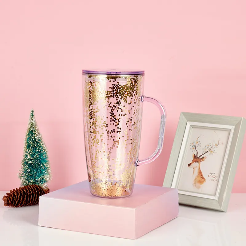 Gelas Minum Plastik 750Ml, Tumbler Akrilik Glitter Bening Dinding Ganda dengan Pegangan Sedotan