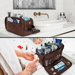 OEM Large Capacity Toiletry Bag For Men PU Leather Water Resistant Cosmetic Bag Pouch