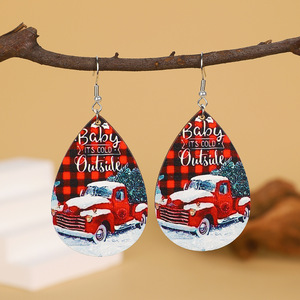 Comercio exterior transfronterizo Tema de Navidad para mujer Gota de agua Impresión en color Pendientes de madera Campana de árbol Muñeco de nieve Ganchos para las orejas Vacaciones - Product Image 4