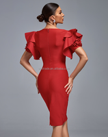 Gaun Koktail Wanita Desain Fashion Terbaru Ocstrade, Warna Solid, Lengan Pendek, Ruffle, Midi, Bodycon, Merah, Model Bandage