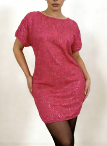 Vestido de Lentejuelas Rosa de Manga Corta para Mujer Talla Grande - Vestido de Fiesta Brillante con Cuello Redondo para Cóctel Nocturno - Product Image 2