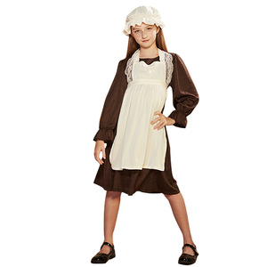 Costume de demoiselle d'honneur victorienne pour filles, robe en fibre de polyester avec tablier et chapeau, Costume d'halloween pour enfants YD088 - Product Image 4