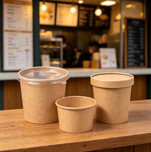 Restaurant Catering Packaging Eco Friendly <b>Microwave</b> Safe Disposable Kraft Paper Soup Cup Porridge Bucket <b>Lid</b> Custom Printing - Product Image 3