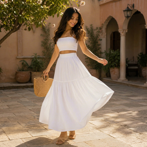 Boho White Tiered A-Line Maxi <b>Skirt</b> Women Summer Casual <b>Elastic</b> Waist Flowy Cotton Natural Waist Beachwear Holiday Outfit - Product Image 1