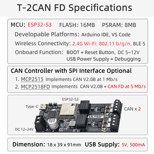 En stock LILYGO T-2CAN T-2CAN-FD Module double bus CAN ESP32-S3 MCP2515 MCP2518FD Carte de développement WiFi BLE 5 - Product Image 6
