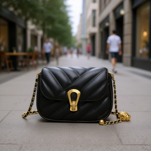 Bolso de hombro de cuero vacuno acolchado a la moda con cadena y cierre de bloqueo para mujer, uso diario, 18x12x6cm - Product Image 2