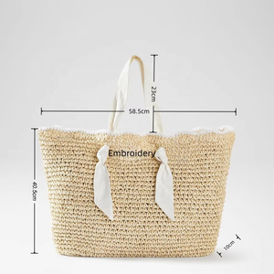 Bolso Tote de <span class=keywords><strong>Rafia</strong></span> con Monograma Personalizado y Asas de Listón, Bolso de Playa de Gran Capacidad, Bolso de Hombro Tejido para Vacaciones de Verano - Product Image 3