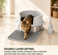 Bac à litière pour chat en acier inoxydable double couche avec tamis, grande toilette métallique pour chat, design à double poignée pour les foyers multi-chats