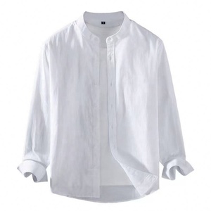 Camicia in <span class=keywords><strong>Lino</strong></span> con Colletto alla Coreana, Maniche Lunghe, Bianca e Nera, Morbida e Confortevole, Semplice, Tinta Unita, Autunnale, per <span class=keywords><strong>Uomo</strong></span> - Product Image 4