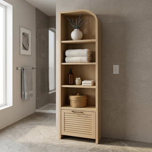 Modern <b>Teak</b> Wood Bathroom Storage Cabinet with Louvered Door and Open <b>Shelves</b> - Product Image 3
