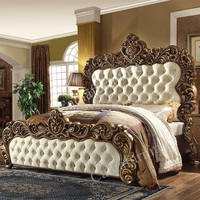 Ensemble de meubles de chambre à coucher sculptés à la main de style américain, lit king size avec revêtement en cuir, meubles de chambre à coucher, lit antique