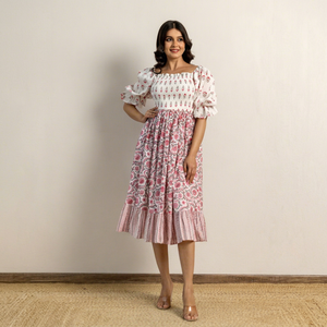 <b>WHITE</b> SMOCKED COTTON <b>MAXI</b> DRESS WOMEN BREATHABLE COMFORTABLE AND CLASSY WITH A BEAUTIFUL FLORAL PRINT <b>MAXI</b> DRESS - Product Image 1