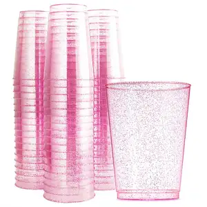 Plastic Disposable Cups Pink glitter Recyclable water Glass Hard Plastic Tumblers for Birthday, Party, Wedding