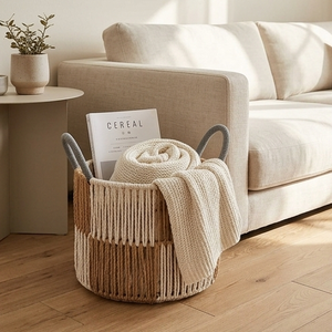Panier de rangement en corde de coton tressé vertical style bohème color block avec poignées pour la décoration esthétique de la chambre et de la maison - Product Image 4