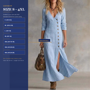 Private Label Summer Casual V Neck <strong>Maxi</strong> <strong>Dress</strong> OEM ODM Factory Long Sleeve Slim Fit Diagonal Front Placket Swing Skirt Woven - Product Image 3