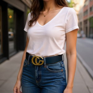 Cintura in pelle da donna con fibbia a lettera da 3,5 cm, finitura oro anticato spazzolato, stile alla moda. - Product Image 2