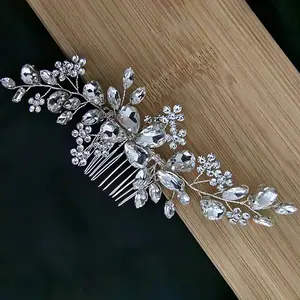 Accesorios para el cabello de boda romántica, peine nupcial hecho a mano con flores de diamantes de imitación grandes