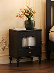 Premium Black Solid Wood Nightstand French Vintage Fluted Glass Door 2-tier Storage Bedroom Furniture Stable Turned Legs <b>Bedside</b> - Product Image 1