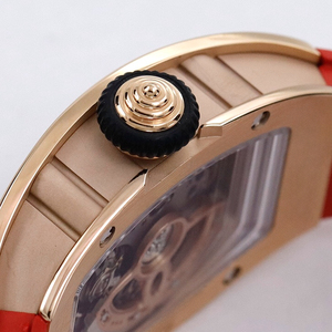 Ladies' rose gold diamond-<b>set</b> automatic mechanical <b>watch</b> with red lip design and red rubber strap. - Product Image 5