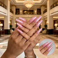 Uñas postizas al por mayor, largas, tipo ataúd, color rosa perlado brillante, con logotipo personalizado, reutilizables, para boda