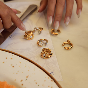 18K Gold Plated High Polished <strong>Ear</strong> Cuff with Twins <strong>Shell</strong> Pearl Fashion <strong>Drop</strong> Earrings - Product Image 5