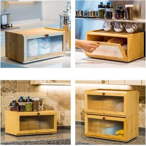 Boîte à pain en bambou, conteneur de rangement de cuisine en bois avec porte en verre, grande capacité, organisateur alimentaire pour usage domestique - Product Image 3