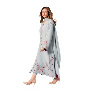 <b>Women</b> Light Blue Cotton <b>Kurta</b> With Floral Embroidery Ankle-Length Loose Fit Traditional Indian Pakistani Casual Wear - Product Image 1