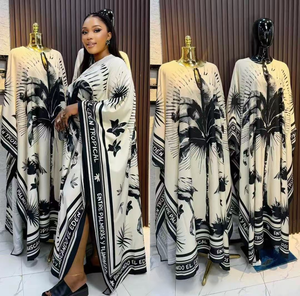 Nouvelle <span class=keywords><strong>Robe</strong></span> Kaftan Décontractée d'Été Grande Taille pour Femme, Style Africain Tendance, Imprimé Cocotiers Noir et Blanc, Coupe Ample, Idéale pour les Vacances - Product Image 1