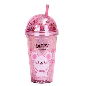 Double wall insert paper and glitter PS plastic tumblers with lids and straws