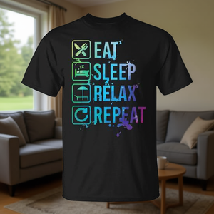 T-shirt unisexe pour adultes, à manches courtes, col rond, impression numérique, chemise promotionnelle, Eat Sleep Relax Repeat - Product Image 3