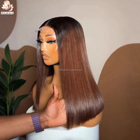 Peluca de cabello humano Remy vietnamita virgen con cutícula alineada, lisa, sin pegamento, con encaje frontal HD suizo, color 1B/marrón ombré.