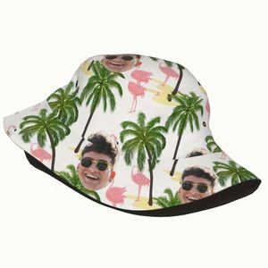 Chapeau Bob Hawaïen Personnalisé Motif Flamant Rose et Palmier Tropical, Large Bord, Protection Solaire pour Plage et Pêche, Style Dessin Animé - Product Image 3