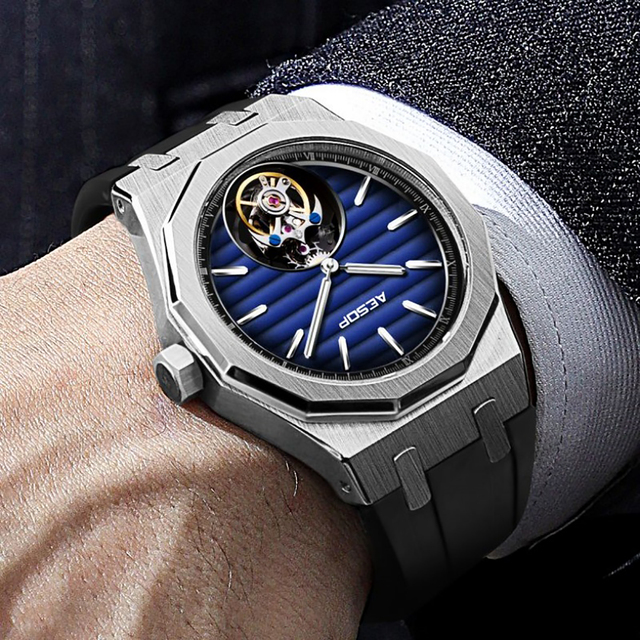 2025 Best Selling Automatic Tourbillon Watch Fashion Polygonal Gradient Green Dial Stainless Steel Mechanical Watches for Men
