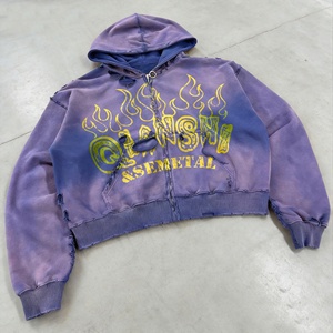 100% Cotton Drop Shoulder Zipper Hoodie Streetwear Acid Wash Distressed Oversized Hoodie Custom Heavyweight Men's Hoodies - Product Image 3