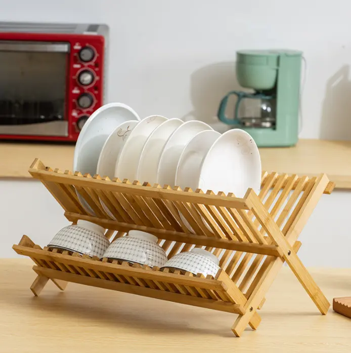 2-Tier Dish Drainer Kitchen Plate Rack Kitchen Home Storage Organization Bamboo Collapsible Dish Drying Rack