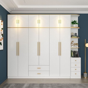 Custom Wooden Modular Home Bedroom <b>Wardrobe</b> with Built-in Metal Trim, Minimalist Tempered Glass Doors, and Gold Handles - Product Image 3